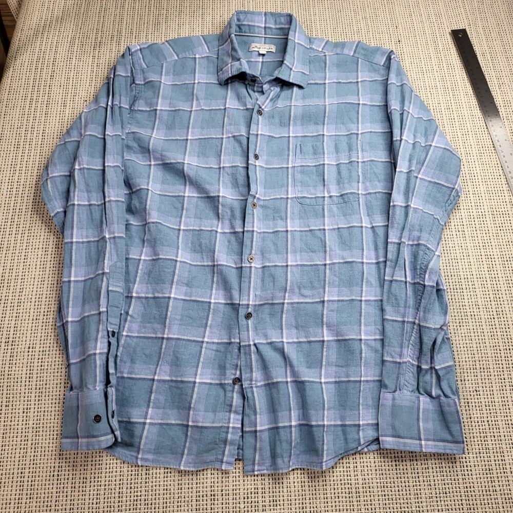 Peter Millar Shirt Mens Large Blue Plaid Button Down Long Sleeve Classic Fit